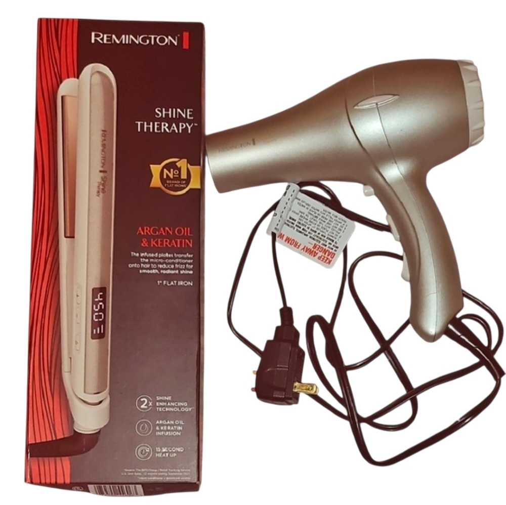 Remington Shine Therapy Flat Iron + Hair Dryer Set Argan Oil Keratin